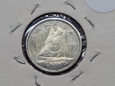 1963 Canada 10 Cent, 80% Silver, 2.33 Grams.