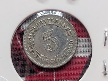 1900 Straits Settlements 5 Cent, Queen Victoria, 80% Silver, 1.3600 Grams.