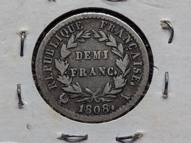 1808 France Half Franc, 83.5% Silver, 2.5 Grams.