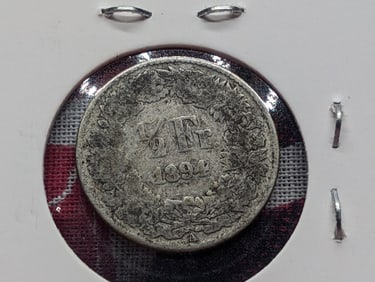 1894 Switzerland Half Franc, 83.5% Silver, 2.5 Grams.
