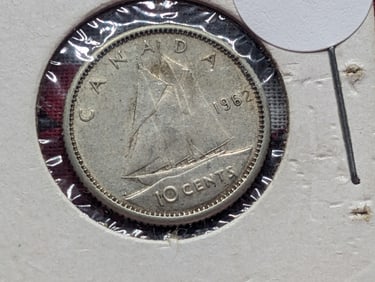 1962 Canada Ten Cent, 80% Silver, 2.31 Grams.