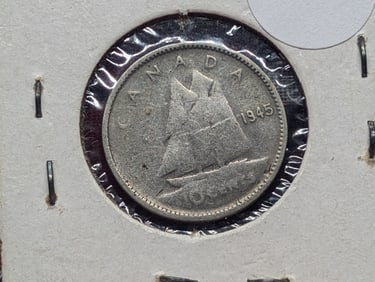 1945 Canada Ten Cent, 80% Silver, 2.3328 Grams.