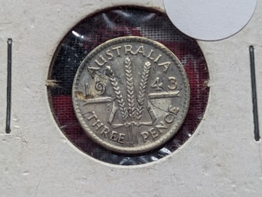 1943 Australia Three Pence, 92.5% Silver, 1.41 Grams.
