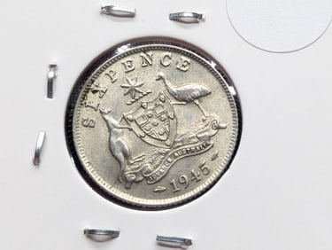 1945 Australian Sixpence, 92.5% Silver, 2.83 Grams, 2x2 Marked Wrong.