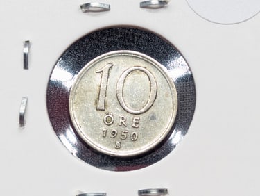 1950 Sweden Ten Ore, 40% Silver, 1.44 Grams.