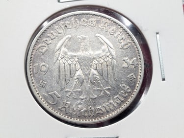1934(D) Germany Five Reichsmark, 90% Silver, 13.88 Grams.
