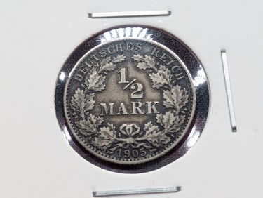 1905(G) Germany - Empire Half Mark, 90% Silver, 2.77 Grams.