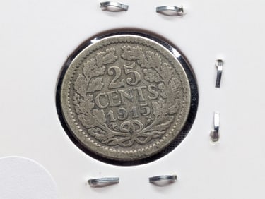 1915 Netherlands Twenty-Five Cent, 64% Silver, 3.575 Grams.