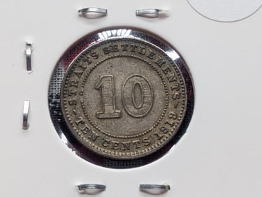 1919 Straits Settlements Ten Cent, 40% Silver, 2.71 Grams.