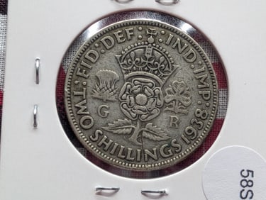 1938 Great Britain Two Shillings, 50% Silver, 11.3104 Grams.