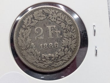 1886 Switzerland Two Francs, 83.5% Silver, 10 Grams.