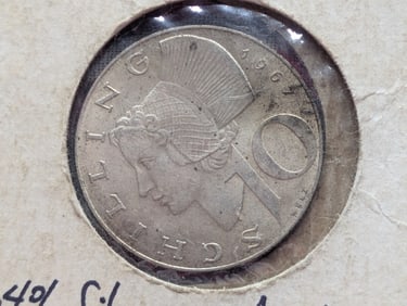 1967 Austria Ten Schilling, 64% Silver, 7.5 Grams.