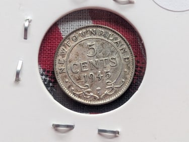 1945-C Newfoundland Five Cent, 80% Silver, 1.1664 Grams.