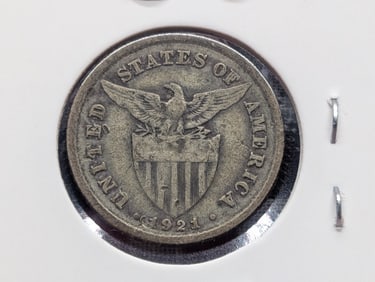 1921 Philippines Twenty Centavos, 75% Silver, 4 Grams.