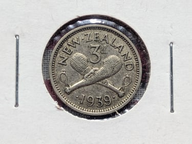 1939 New Zealand Three Pence, 50% Silver, 1.41 Grams.