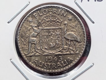 1943-S Australia One Florin, 92.5% Silver, 11.31 Grams.