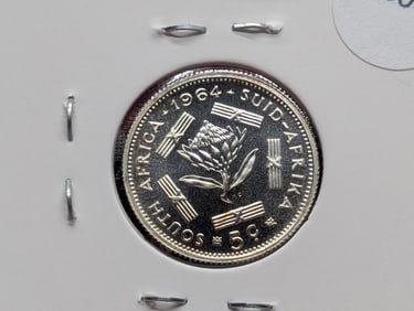 1964 South Africa Five Cent, 50% Silver, 2.83 Grams.