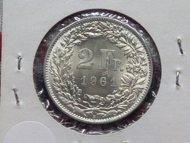 1961 Switzerland Two Franc, 83.5% Silver, 10 Grams.