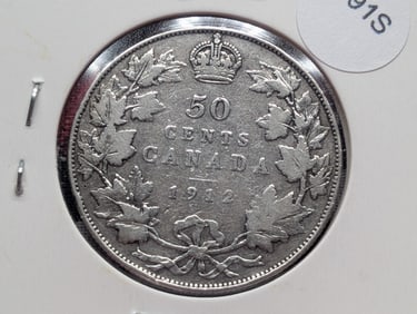 1912 Canada Half Dollar, 92.5% Silver, 11.62 Grams.