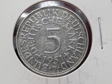 1951 Germany Five Deutsche Mark, 62.5% Silver, 11.2 Grams.