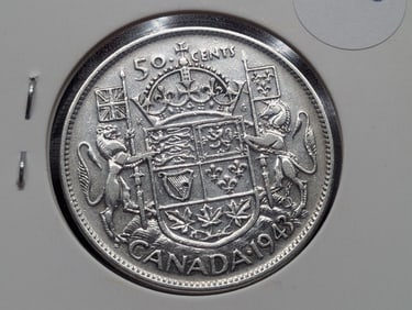 1943 Canada Half Dollar, 80% Silver, 23.33 Grams.