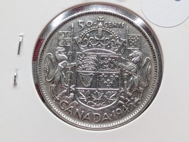 1945 Canada Half Dollar, 80% Silver, 23.33 Grams.