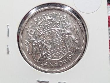 1958 Canada Half Dollar, 80% Silver, 23.33 Grams.