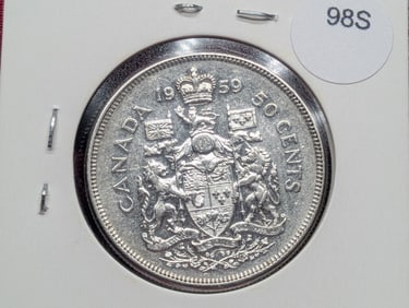 1959 Canada Half Dollar, 80% Silver, 23.33 Grams.