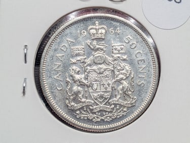 1964 Canada Half Dollar, 80% Silver, 23.33 Grams.