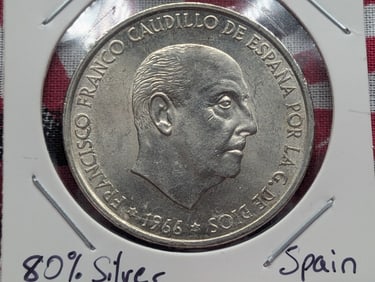 1966 Spain One Hundred Pesetas, 80% Silver, 19 Grams.