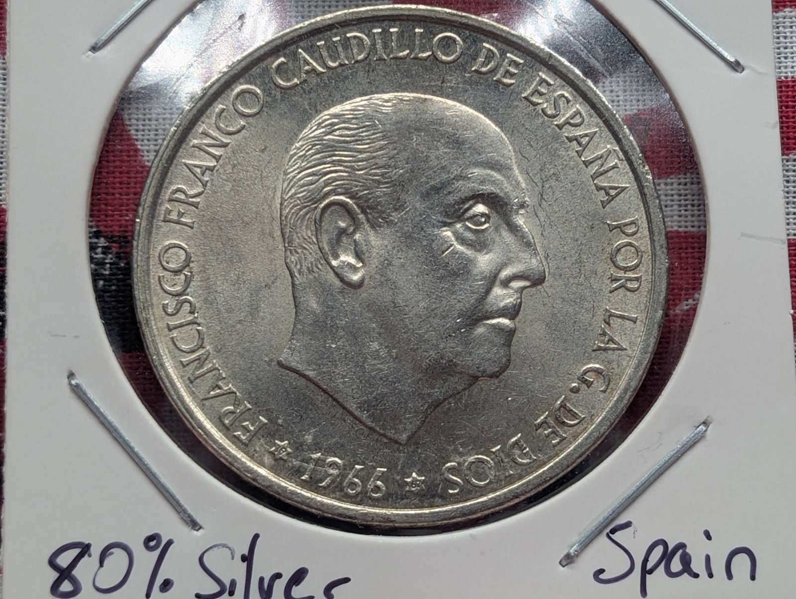 1966 Spain One Hundred Pesetas, 80% Silver, 19 Grams.: 1966 Spain One Hundred Pesetas, 80% Silver, 19 Grams.