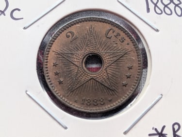 1888 Belgian Congo Two Centimes, Uncirculated, **Rare.