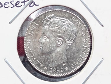 1896 Spain One Peseta, 83.5% Silver, 5 Grams, MS63+,.