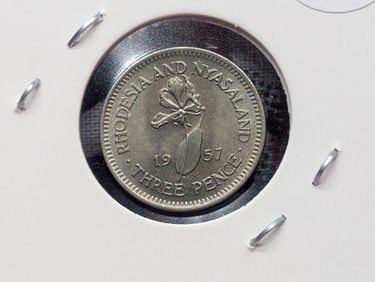 1957 -P.V. Rhodesia Nyasaland Three Pence, Proof.