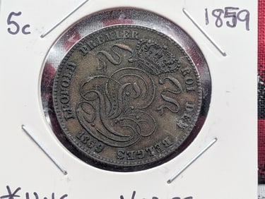 1859 Belgium Five Cents, Uncirculated, With Cross.