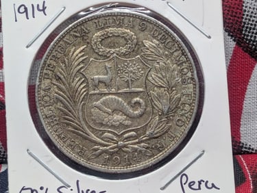 1914 Peru Un Sol, 90% Silver, 25 Grams,.