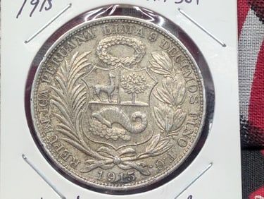 1915 Peru Un Sol, 90% Silver, 25 Grams,.