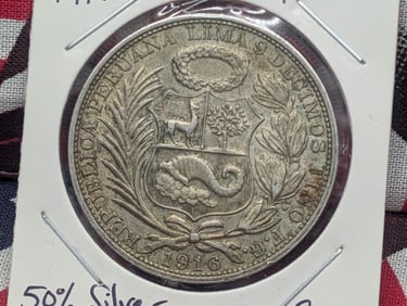 1916 Peru Un Sol, 90% Silver, 25 Grams,.