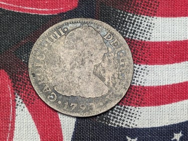 1793 Spain Two Reales, Silver, 81.20% Silver, 6.77 Grams.