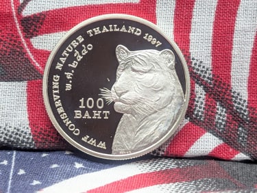 1997 Thailand One Hundred Baht World Wildlife Fund, Ultra, Cameo, Proof, 92.5% Silver, 15 Grams.