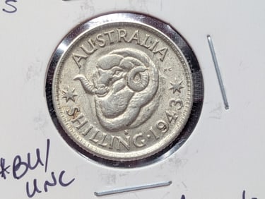 1943-S Australia One Shilling, BU, Uncirculated, 92.5% Silver, 5.65 Grams.