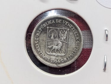 1954 South American Twenty Five Centimes, 83.5% Silver, 1.25 Grams.