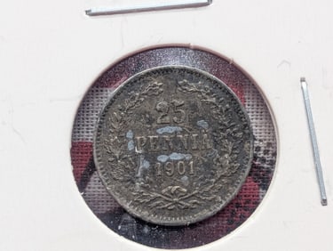 1901 Finland Twenty Five Pennia, 75% Silver, 1.2747 Grams.