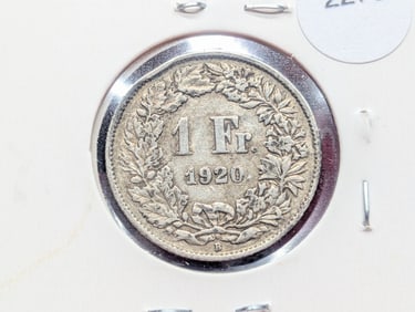 1920-B Switzerland One Franc, 83.5% Silver, 5 Grams.