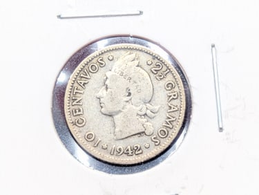 1942 Dominican Republic Ten Centavos, 90% Silver, 2.5 Grams.