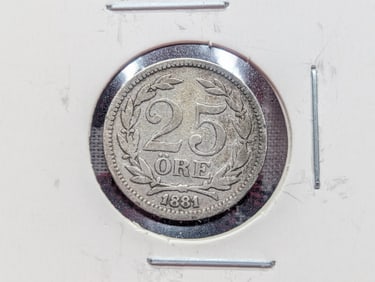 1881 Sweden 25 Ore, 60% Silver, 2.4 grams.