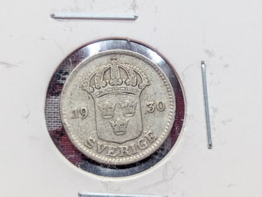 1930 Sweden Twenty Five Ore, 60% Silver, 2.42 Grams.