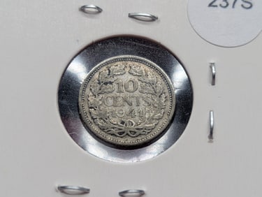 (2) Netherlands 1941 Ten Cents Coins, 64% Silver, 1.4 Grams.