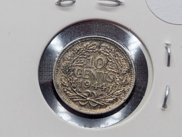 1944 Netherlands Ten Cents, , 64% Silver, 1.4 Grams.