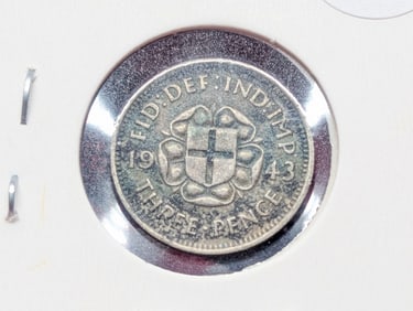 1943 Great Britain Three Pence, 50% Silver, 1.41 Grams.